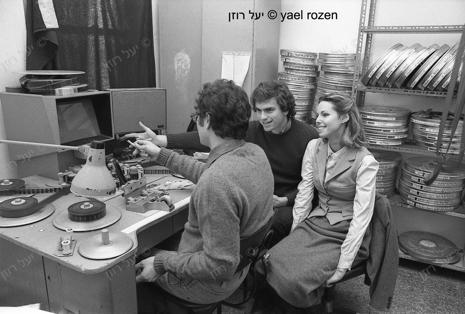 בחדר העריכה של הסרט "הלהקה", אבי נשר, שרון הראל, יצחק יצחייק